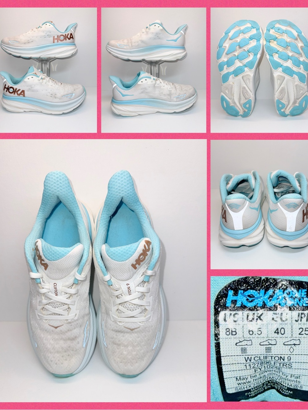 HOKA CLIFTON 9 White & Light Blue Cushioned Running Sneakers with Bronze Logo